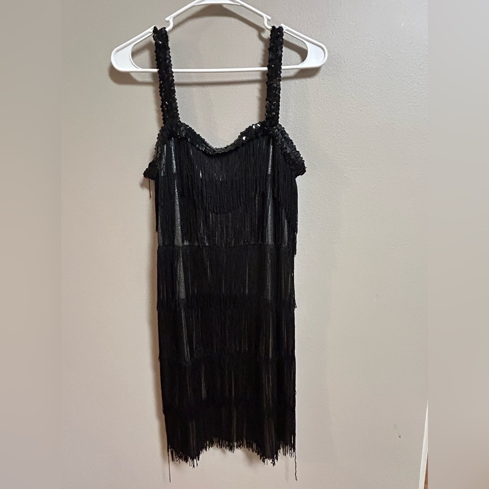 1920s Flapper Costume Dress Black Fringe Adult Large
